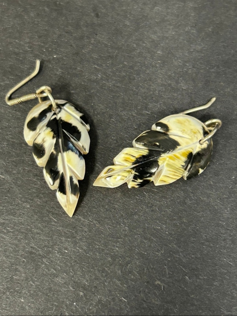 Unique Earrings made of sea shell cut into feather shape dangling jewelry